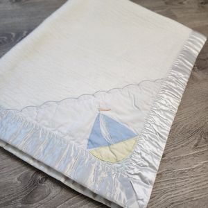 VINTAGE QUILTEX Sailboat Satin Trim Edge White Fleece Baby Blanket